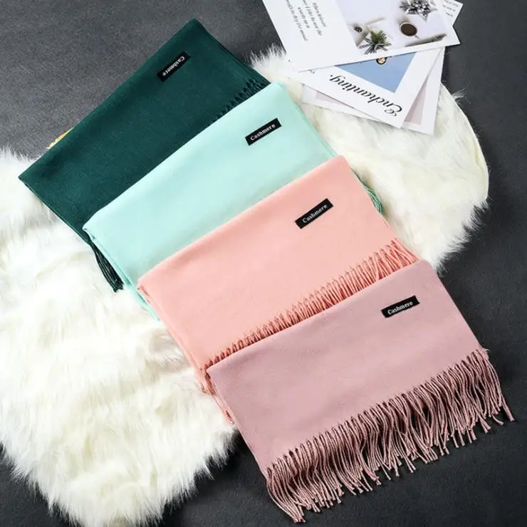 

FXAASS New Autumn/Winter Woolen Shawl Fashion Women Large Scarf Luxury Tassel Cashmere Scarves Couple Solid Pashmina Wholesale