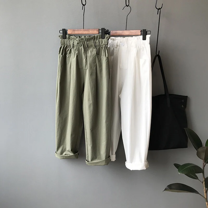 

2019 Summer New Buttons Pants Woman Office Harajuku High Waist Wide Leg Loose Hip-hop Pants Ladies Green Ankle Pantalon Bottom