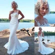 Нежное кружево и тюль прозрачное украшенное драгоценностями декольте Русалка свадебное платье с бисером кружева аппликации пляжные свадебные платья