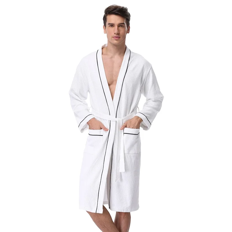 Мужские вафельные хлопковые халаты, кимоно с длинным рукавом, банные халаты, махровая ткань, зимняя Пижама, до колен, мужской спа-халат, одежда для сна