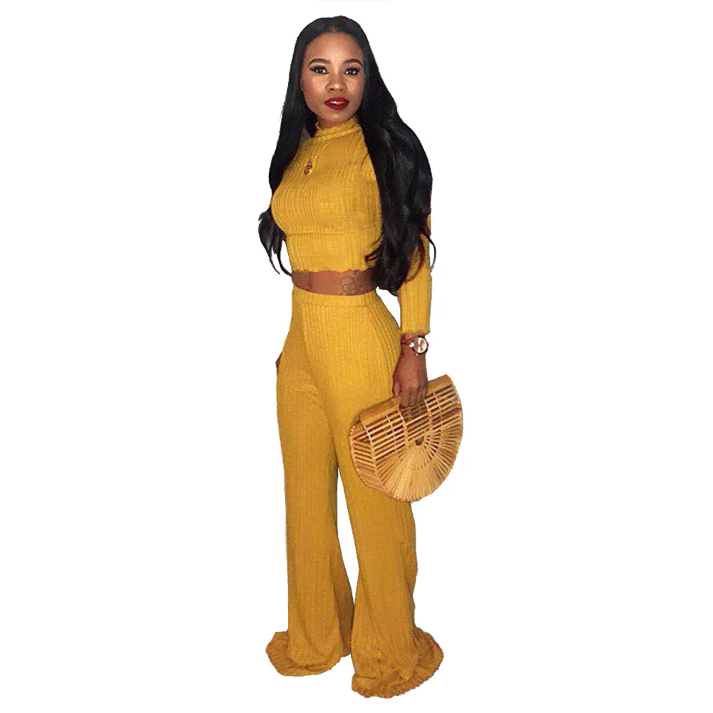 Повседневный Женский комплект из двух предметов, свитер, топ и штаны, комплект Водолазка с длинным рукавом, укороченный топ, широкие штаны, эластичная резинка на талии, костюм, наряды - Цвет: Цвет: желтый