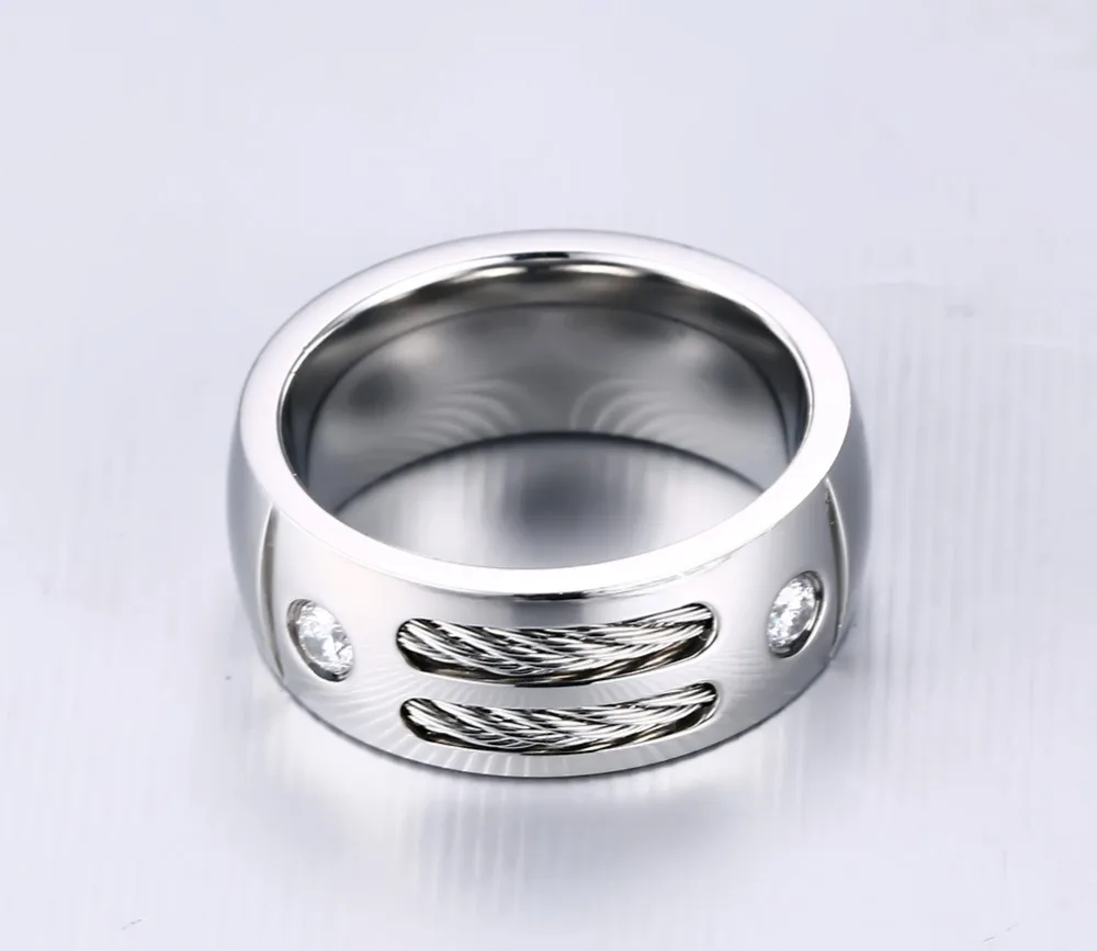 Meaeguet Stainless Steel Wire Ring For Men Punk Rock Ring With Cubic Zirconia Party Jewelry
