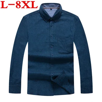 

Large size 8XL Men's Long-Sleeve Cotton Shirt Patch Single Chest Pocket Button-collar Spring Autumn Breath Solid Casual Shirts