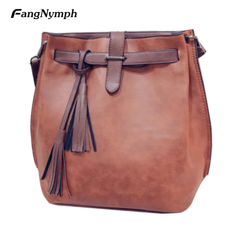 FangNymph 2018 New Women Tassel PU Leather Bucket Shoulder Bag Female Vintage Fashion Handbag Crossbody Bag S/L Bolsos Feminina FangNymph 2018 New Women Tassel PU Leather Bucket Shoulder Bag Female Vintage Fashion Handbag Crossbody Bag S/L Bolsos Feminina