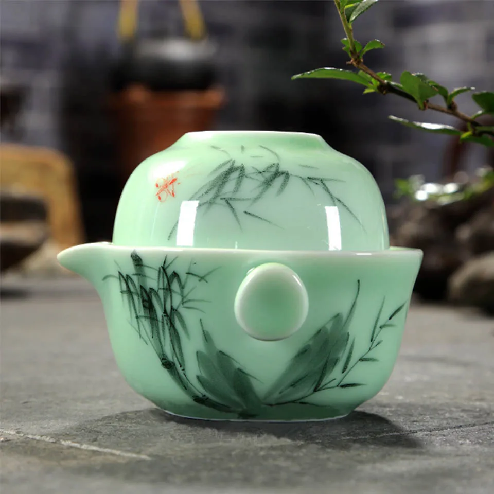 BORREY Celadon Gaiwan дорожный чайный сервиз, китайский фарфоровый чайный горшок, Набор чашек, керамический гайвань, чайный горшок, портативный чайный набор кунг-фу, Чайник Пуэр