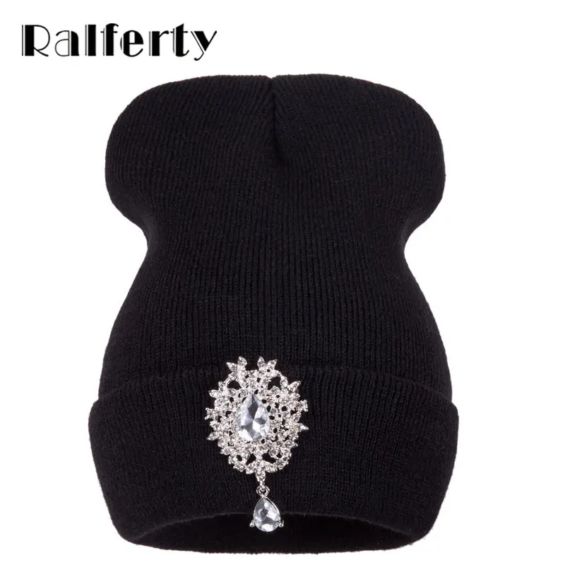 Ralferty Новинка 2018 года зимние шапки для женщин теплый вязаный Роскошный цветок шапки-бини с кристаллами шляпа женский Skullies шапки Gorras Gorros