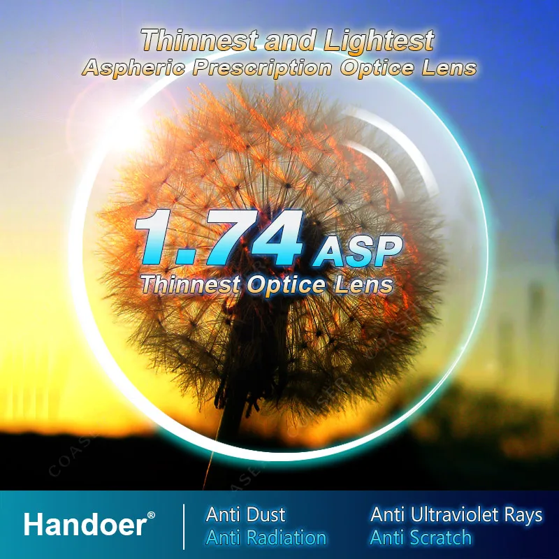 Handoer Ultra-Thin Index 1.74 Anti-Radiation Protection Optical Single Vision Lens Aspheric Anti-UV Prescription Lenses,2Pcs