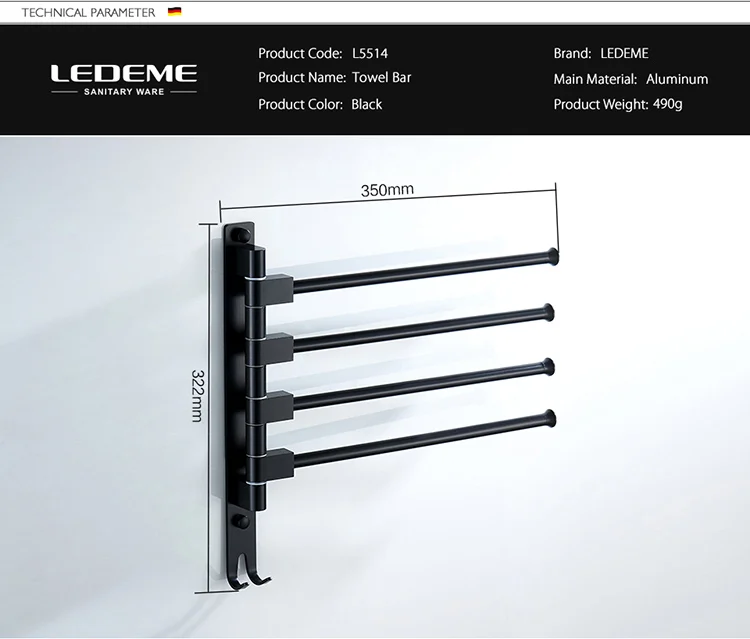 LEDME Matte Black Four Towel Bar With One Hook Holder Wall mounted Space Aluminum Bathroom Accessories Towel Rack Bar L5514