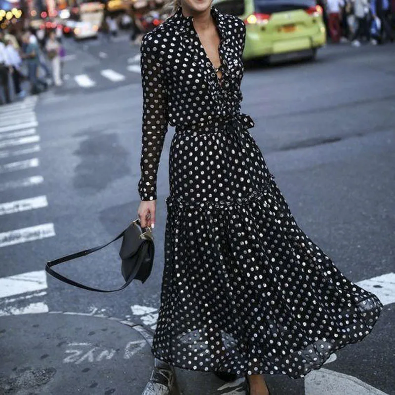 Fashion Women Sexy polka Dot Split dresses ladies Deep V-neck Long Sleeve maxi Dress vestido Black and white