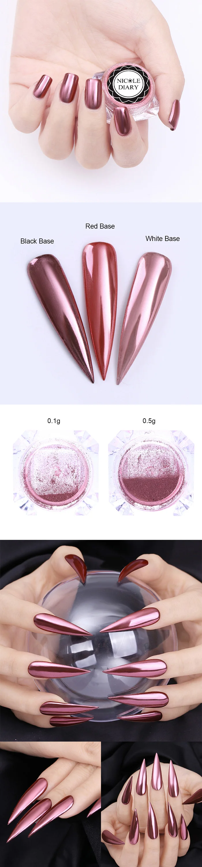 NICOLE дневник розовое золото зеркальный порошок черный серебристый хром пигмент дизайн ногтей Пыль для маникюра DIY