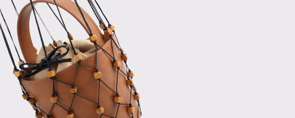 Blascher Summer Women Bags New Fashion Genuine Leather New Frosted Wooden One-Shoulder Handbag Bead Hanging Fishing Net Bag SQ64 (6)