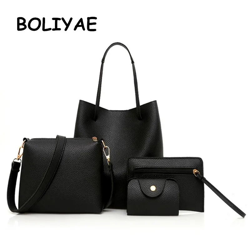 

4pcs new lychee pattern open handbag shoulder bag female four-piece suit messenger bag wallet clutch bag