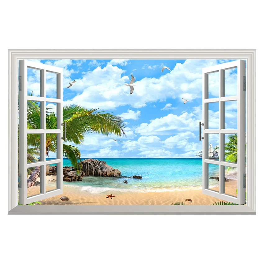 Beach Palms Wall Decal 3D Window Open View Sticker Seascape Islands Mural Sun Shine Vinyl Home Decor 50x75cm | Дом и сад