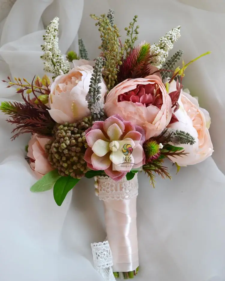 

Handmade Wedding Supplies Bridal Bridesmaid Bouquet Artificial peony Flowers Succulent plants Holding Flower Home Decoration