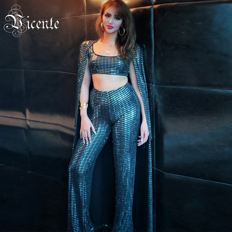 Vicente HOT Chic Dot Sequins Design 3 Pieces Set Long Sleeves Wholesale Celebrity Party Casual Wear Tops Pants Coat Suit | Женская