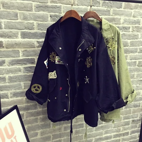 Women Cotton Jacket Coat Fashion Women Bomber jacket Embroidery Applique Rivets Oversize Women Coat Army Green Cotton Coat