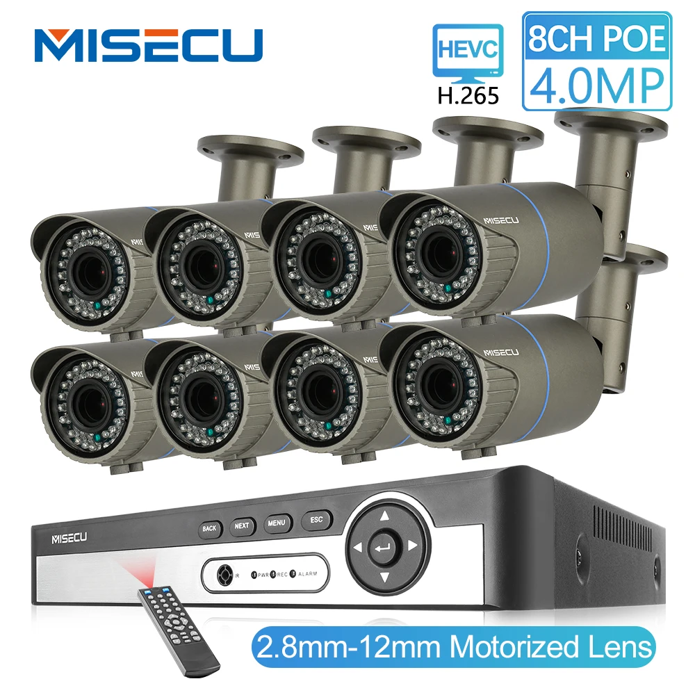 Vente MISECU 8CH 4MP système de caméra de sécurité H.265 POE caméra IP 2.8 12mm Maunally objectif Zoom extérieur étanche Kit de Surveillance vidéo