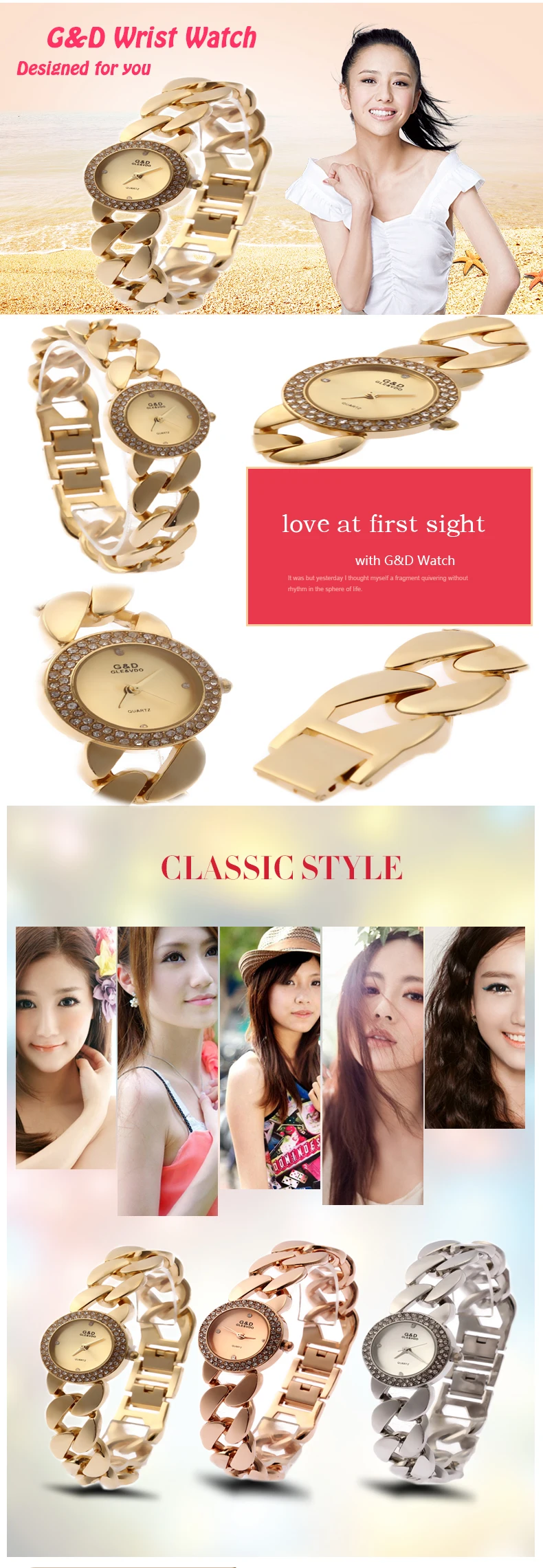 G& D Золотые женские часы модные повседневные кварцевые наручные часы роскошные женские часы-браслет relogio feminino reloj mujer Часы подарок