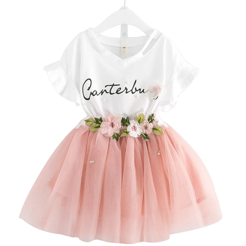 

2019 New Casual Children Outfits Tracksuit Summer Clothing baby girls Floral t-shirt + girls tutu skirt Suit girls Clothing Set