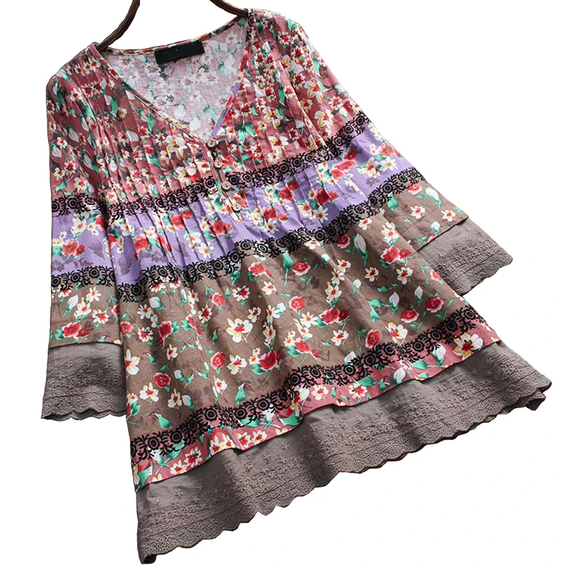 

GRNSHTS Autumn Women Boho Floral Printed V Neck Sleeve Vintage Blouse Female Lace Patchwork Loose Casual Shirt Cotton Linen Top