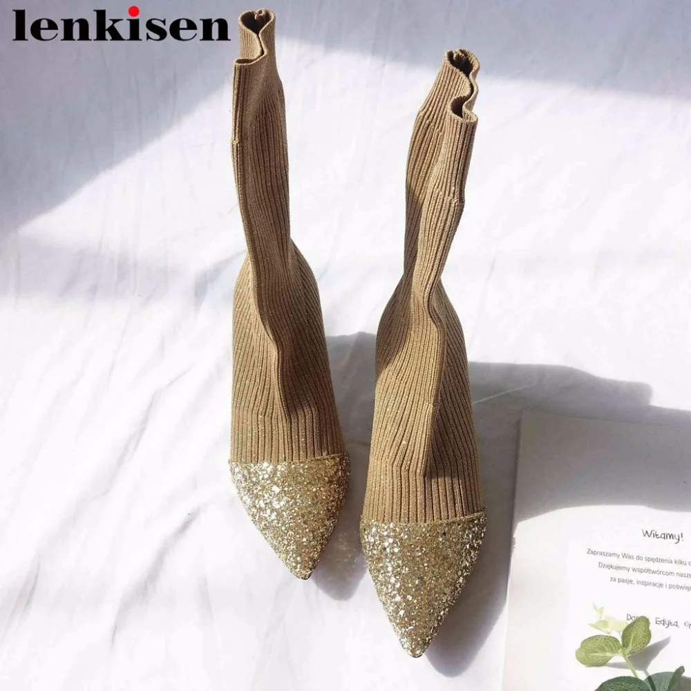 

Lenkisen handmade pointed toe slip on solid strange med heels bling casual shoes knitting sock boots woman mid-calf shoes L21