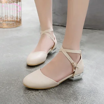 

Korean party style comfortable round toe summer sandals fashion rhinestone buckle white beige pink low-heeled women's shoes