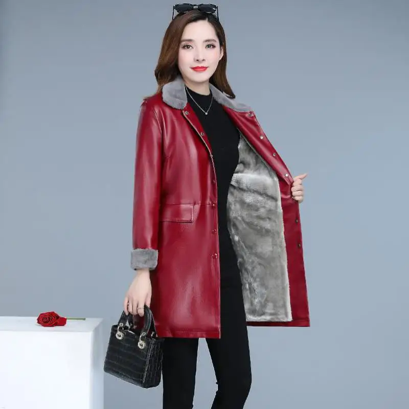 

Winter plus velvet long PU leather jacket 2019 fashion warm green jaqueta corta vento feminina casaco feminino inverno 5XL Black