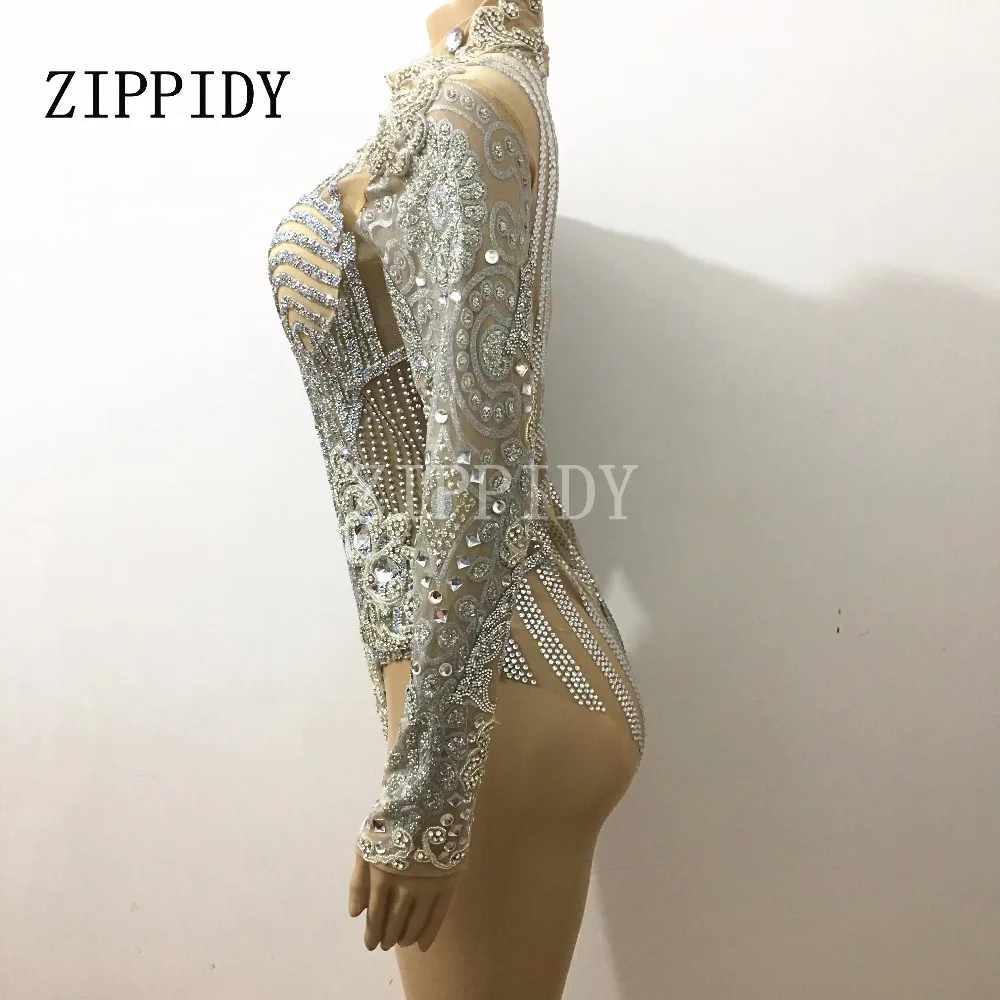 bodysuit women Silver Glisten Rhinestones Long Sleeves Leotard Belt Outfit Dj Singer Performance Bar Party Celebrate Luxurious Costume Bodysuit white bodysuit