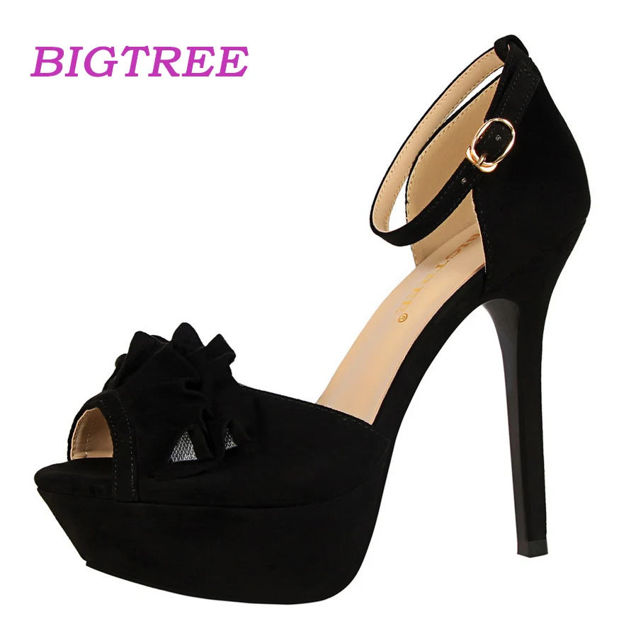 

BIGTREE Brand Summer Women Fetish High Heels Platform Sandals Suede Sweet 2018 Ladies Black Heels Shoes Valentine Pumps Scarpins