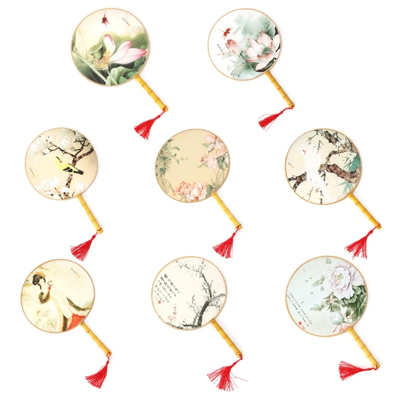 

Bamboo Hand Fans Chinese Style Round Hand Held Folding Silk Fan For Wedding Event Party Supplies