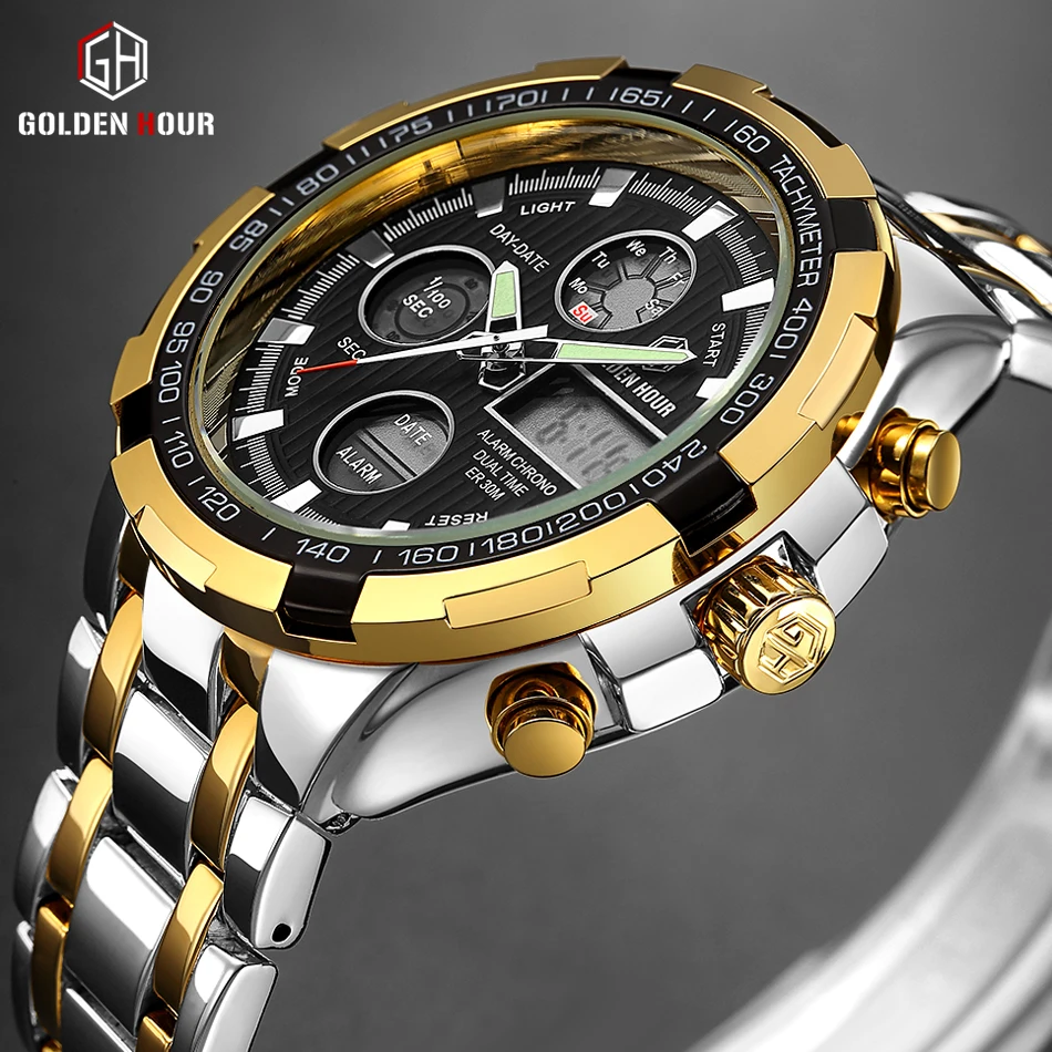 Preise GOLDENHOUR Luxus Marke Quarz Armbanduhr Analog Digital Uhren Männer Armee Militär Sport Uhr Relogio Masculino Männlich Uhr