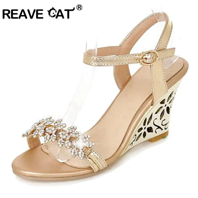 REAVE CAT New arrival Glittering Fashion Fretwork Heels Wedges sandals Rhinestone Silver Gold Summer sandals Sexy Sale QL4277