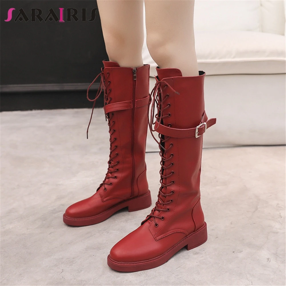 

SARAIRIS New Fashion Belt Buckle Zip Cross Tied Wide Med Heels Shoes Woman Casual Party Retro Winter Spring Knee High Boots