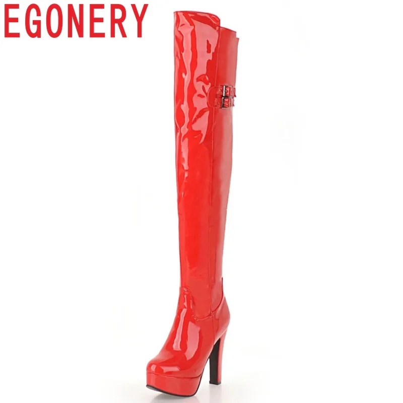 

EGONERY women shoes newest patent leather super high spike heels platform round toe big size fashion sexy over the knee boots