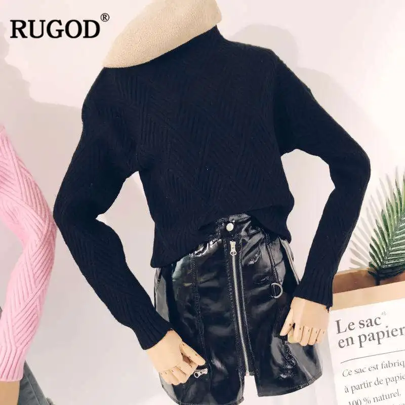 RUGOD, новинка, водолазка, свитер для женщин, длинный рукав, однотонный, вязаный, пуловеры для женщин, Осень-зима, свитер для женщин, pull femme hiver - Цвет: Черный