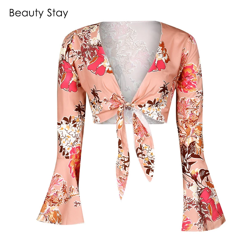 BeautyStay модные женские кружевные шифоновые блузки с длинными рукавами рубашка