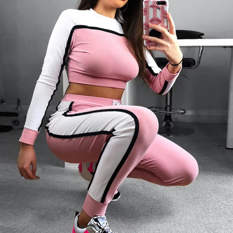 

WENYUJH Women Patchwork Sportswear Tracksuit Workout Breathable Fitness Round Neck Women Long Sleeve Bodycon Crop Top Suits