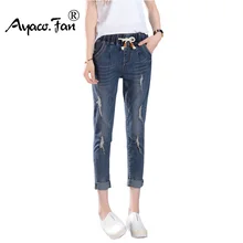 Женские шаровары летние модные джинсовые штаны женские со средней посадкой рваные джинсы с завязками для леди брюки длиной до щиколотки