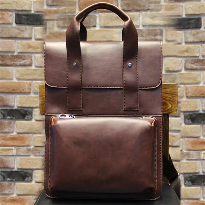 2016 Men Cowhide PU Leather Fashion Vintage Backpacks Large Capacity Shoulder Traval Bag For  leather office bags for men