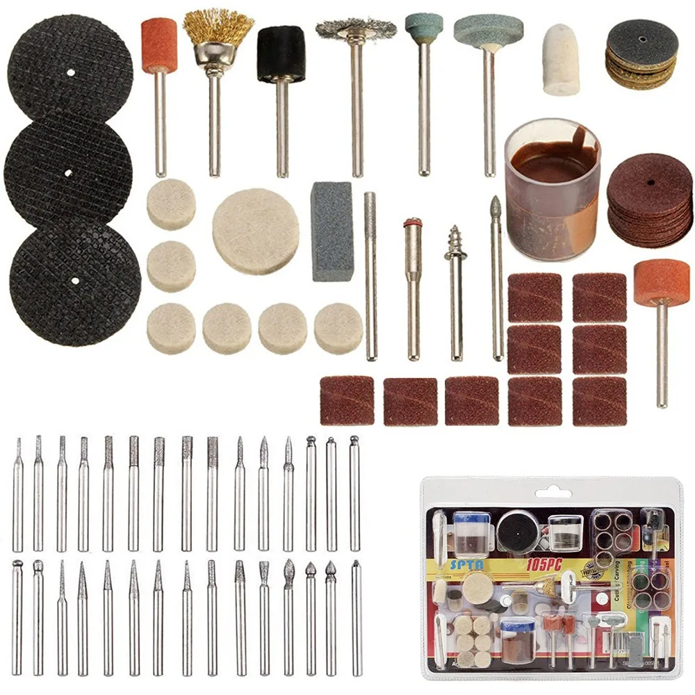 SPTA 105pcs Drill Bit Rotary Tool Accessories Grinding Sanding Engraving Polishing Kit for