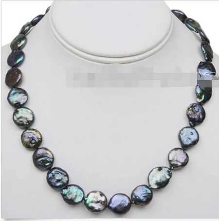 

14-15MM Black Coin Genuine Freshwater Pearl 925 Sterling Silver Necklace 18" ^^^@^Noble style Natural Fine jewe FREE SHIPPING