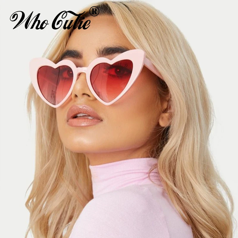 

WHO CUTIE 2019 Love Heart Shaped Sunglasses Women Retro Vintage Shiny Sunnies 90s Lady Pink Frame Cat Eye Sun Glasses Shades 475