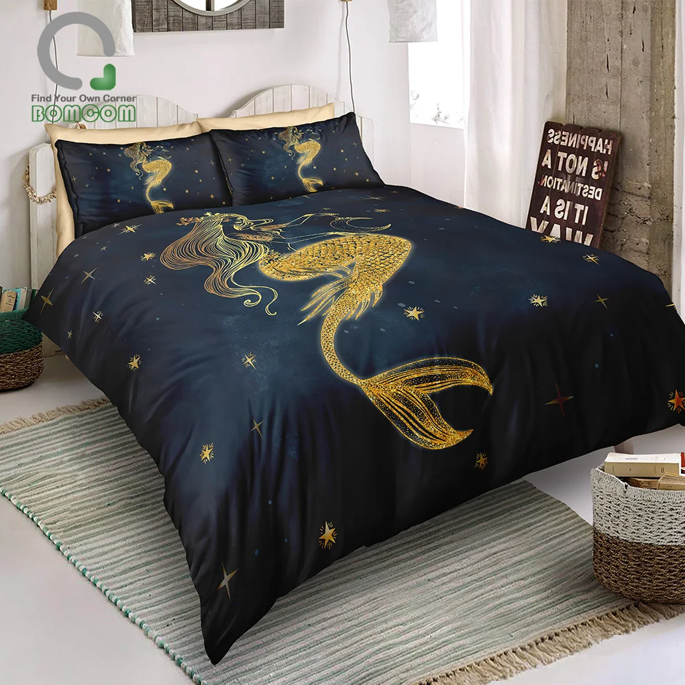 BOMCOM 3D Digital Printing Hand Drawn Graceful Mermaid Princess and Moon on Night Sky Duvet Cover Set 100% Microfiber, Gold