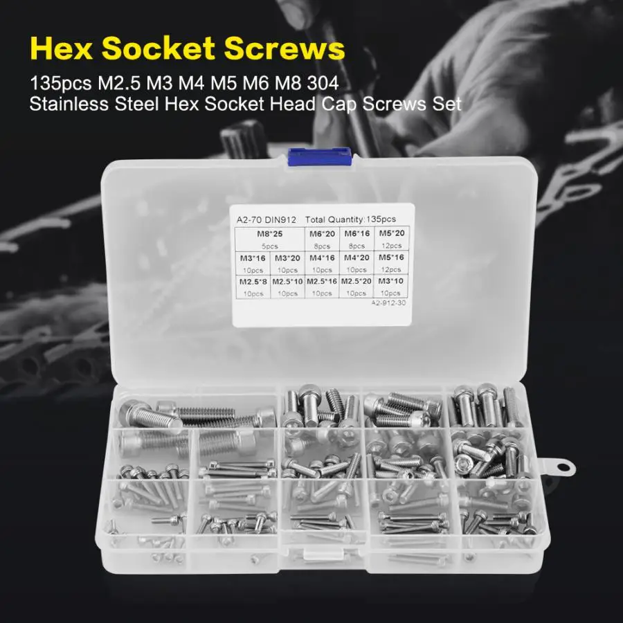 

135Pcs/Lot M2.5/M3/M4/M5/M6/M8 Hex Socket Screws 304 Stainless Steel Hex Socket Screw Head Cap Screw Bolt Set Assortment Kit