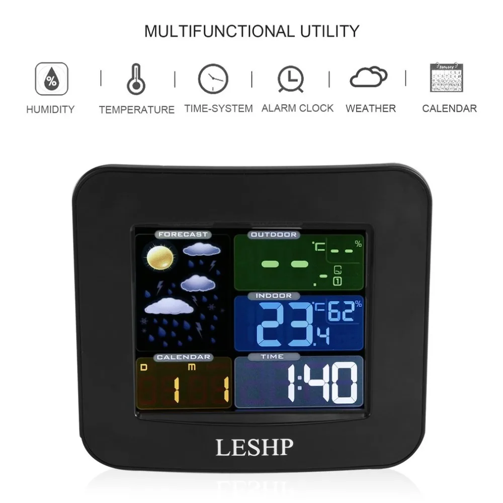 

LESHP Indoor Outdoor Temperature Thermometer Weather Station With Colorful Display Alarm Clock Calendar External sensor