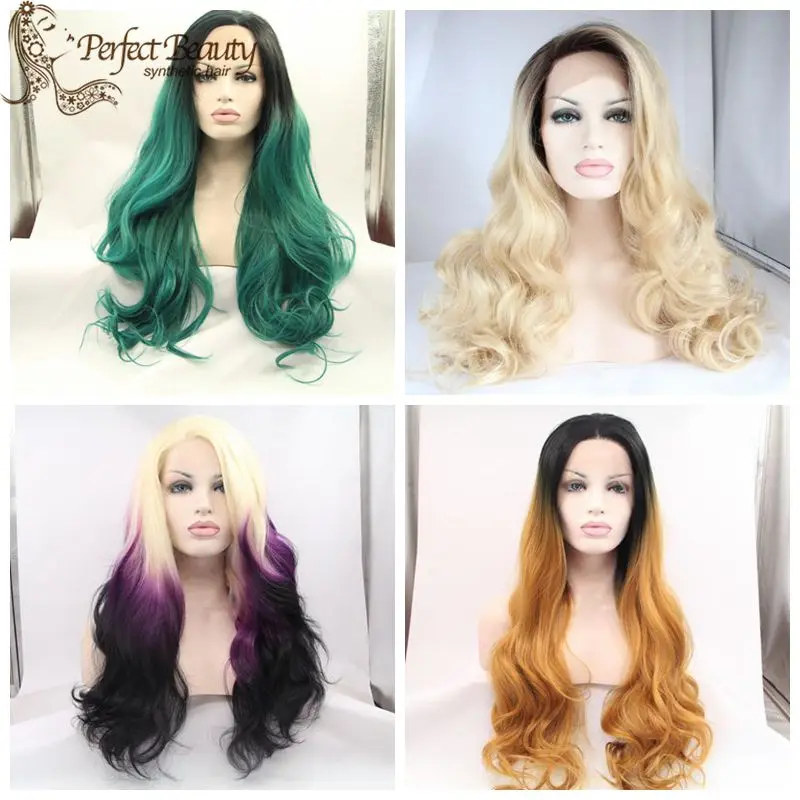 

Wavy Ombre Wig Green/Blonde/Purple and Black /Honey Blonde Wavy Synthetic Wig Heat Resistant Fashion Idol Hair Lace Front Wig