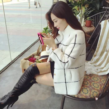 

Thick Warm Faux Lamb Fur Coat Stand Collar Plaid Overcoat Elegant Office Ladies High Quality Casacos de Inverno Feminino E103