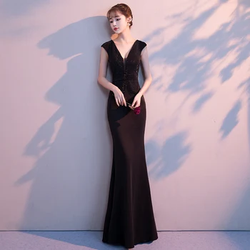 

Black Sequins Female Mermaid Dress Sexy Deep V-Neck Banquet Gowns Floor Length Elegant Noble Lady Evening Party Dresses S-XL
