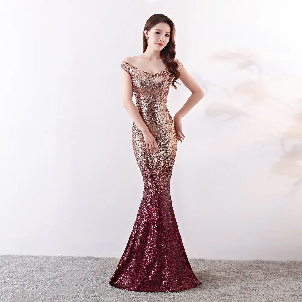 Sladuo Women Mermaid Party Dress Gold Wine Red Gradient Sequined Sexy