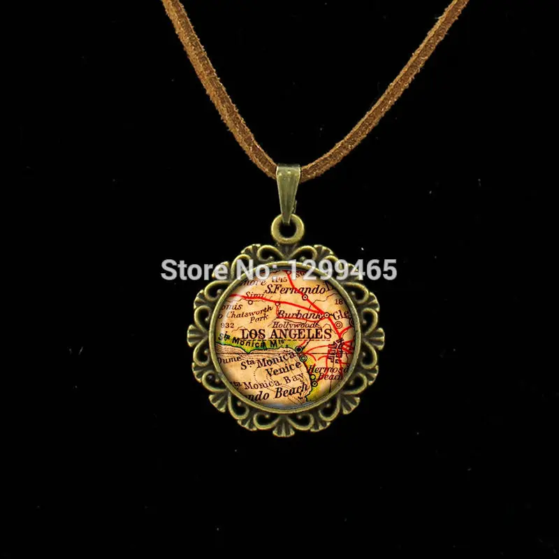Los Angeles map photo Leather Necklace handmade accessories art pendant